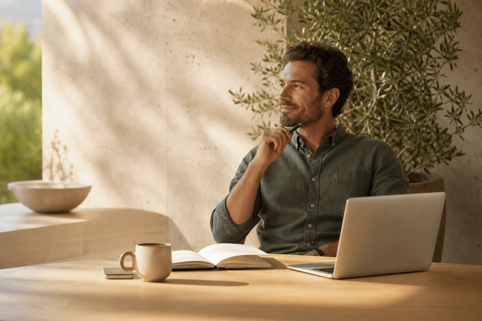An operator considering the week ahead in a calm, sunlit workspace
