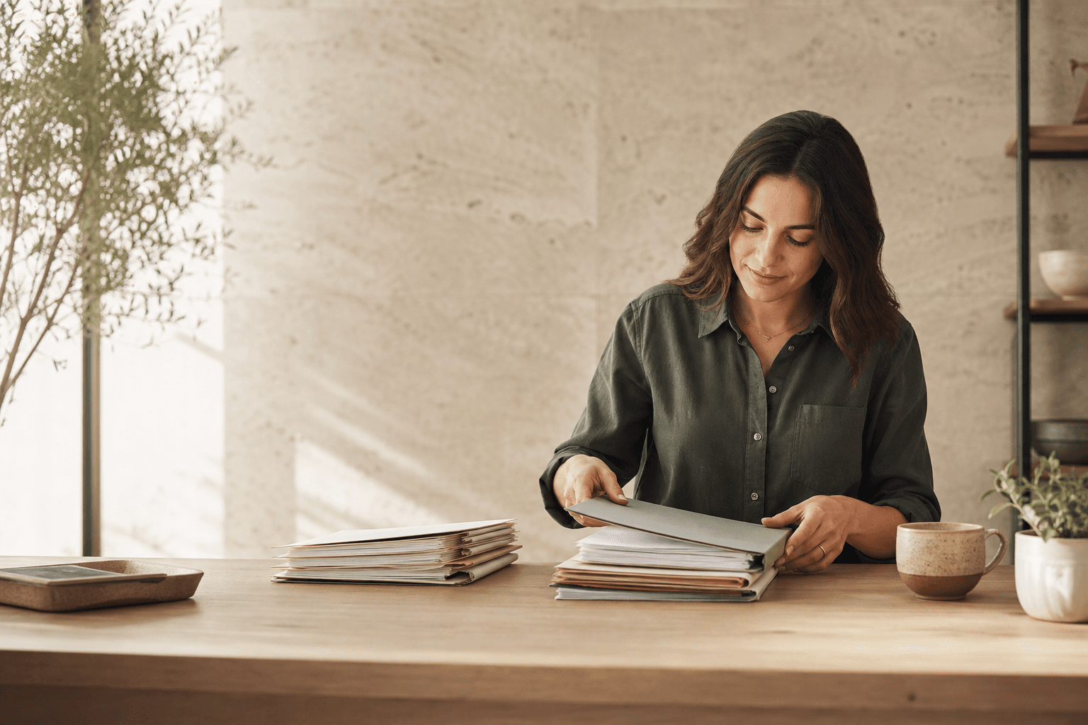 Organized tax documents and folders on a warm oak desk