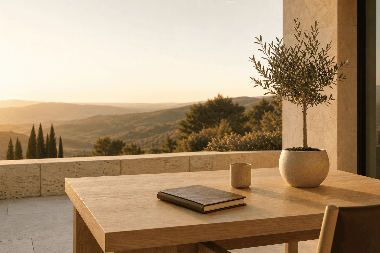 A calm terrace workspace overlooking golden hills at sunset