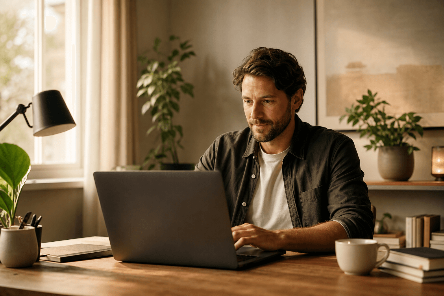 A distributed team collaborating remotely in calm, sunlit home offices